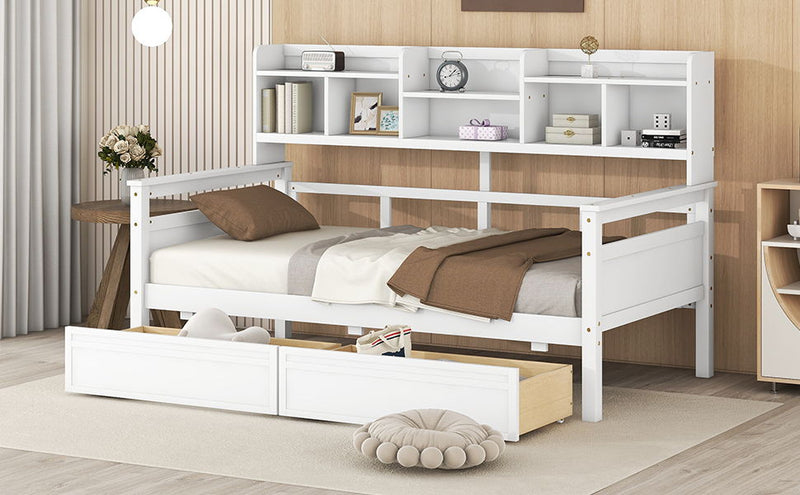 Daybed, Wood Slat Support, With Bedside Shelves And Two Drawers