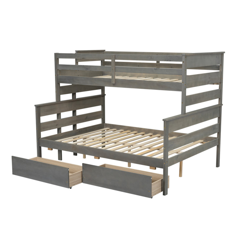 Wood Twin over Full Bunk Bed with 2 Drawers, Gray