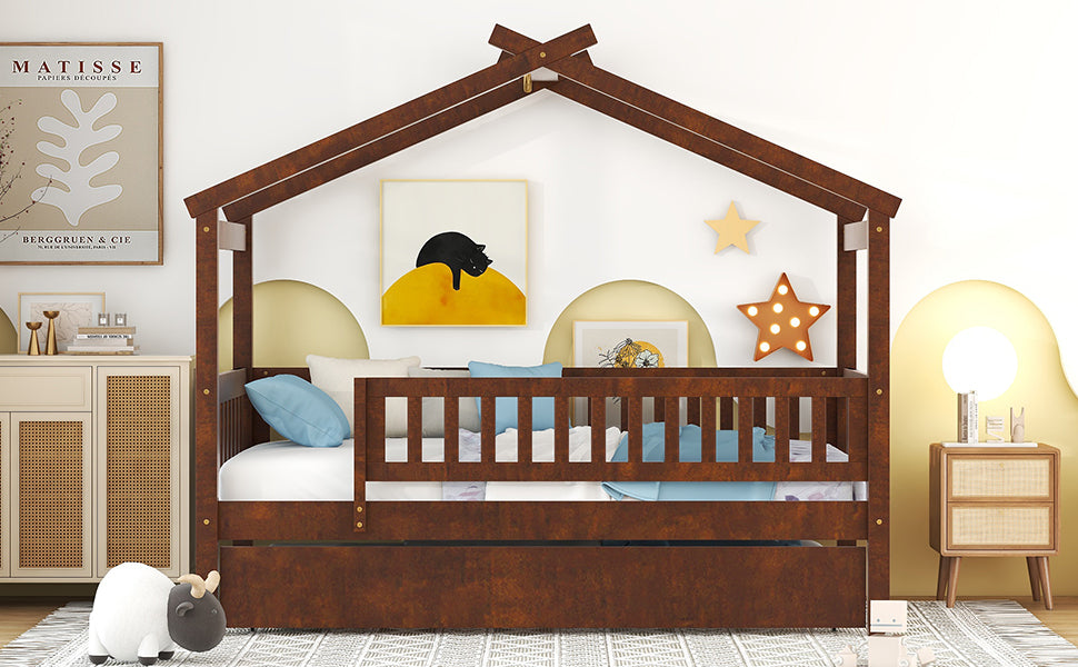 Twin Size Wooden House Bed with Twin Size Trundle, Walnut - Atlantic Fine Furniture Melbourne FL