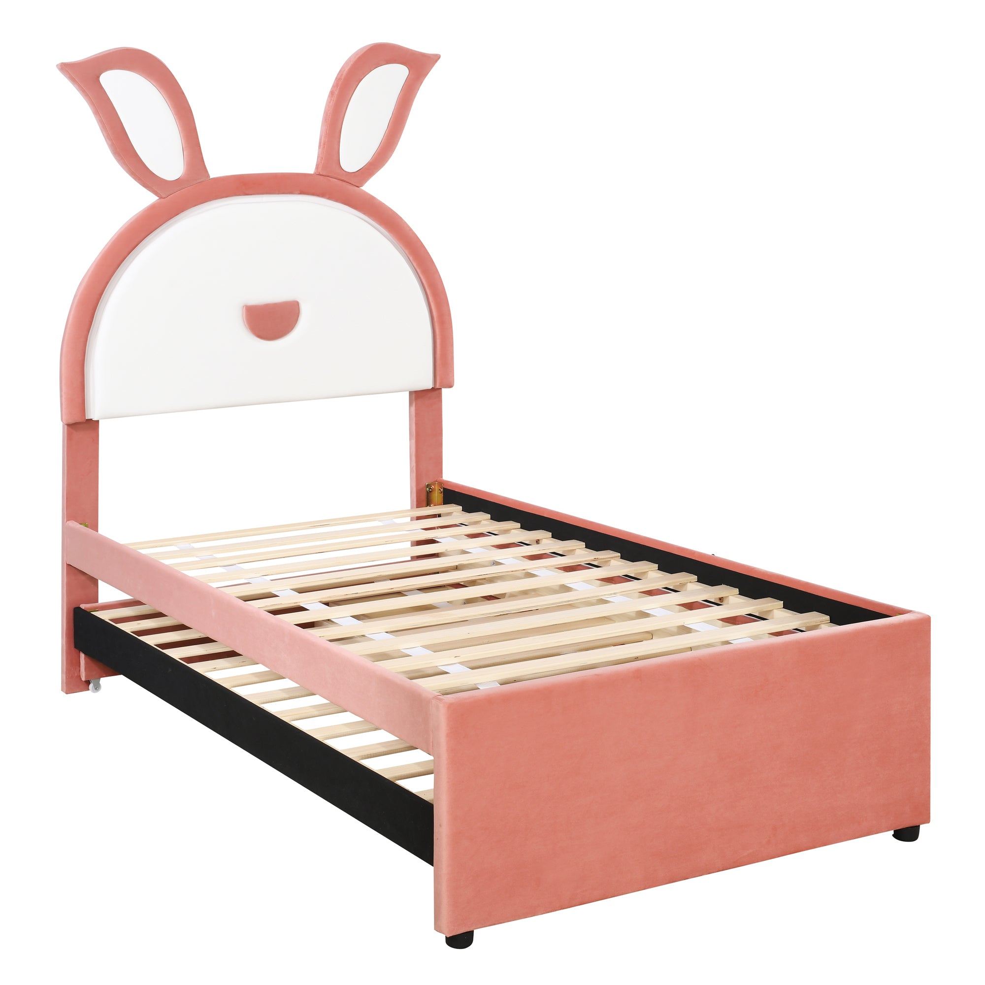 Twin Size Upholstered Platform Bed with Trundle and 3 Drawers, Rabbit-Shaped Headboard with Embedded LED Lights, Pink - Atlantic Fine Furniture Melbourne FL