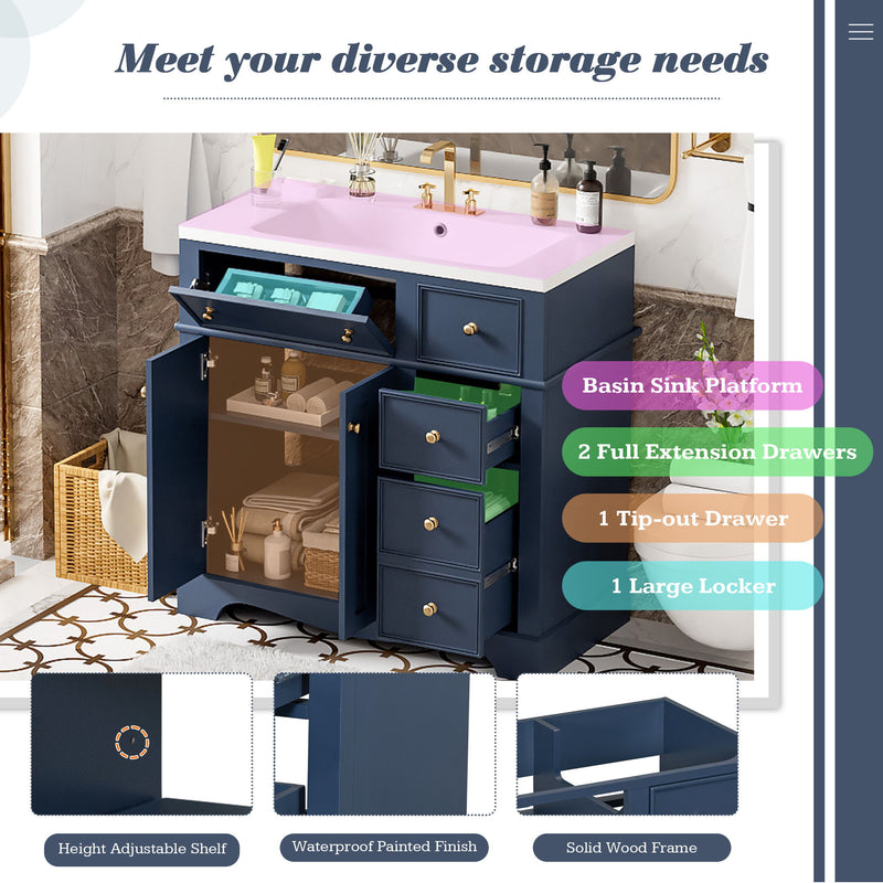 Bathroom Vanity With Resin Sink Combo, Frame Bathroom Storage Cabinet, Freestanding Vanity Set With 3 Drawers & Adjustable Shelf - Blue