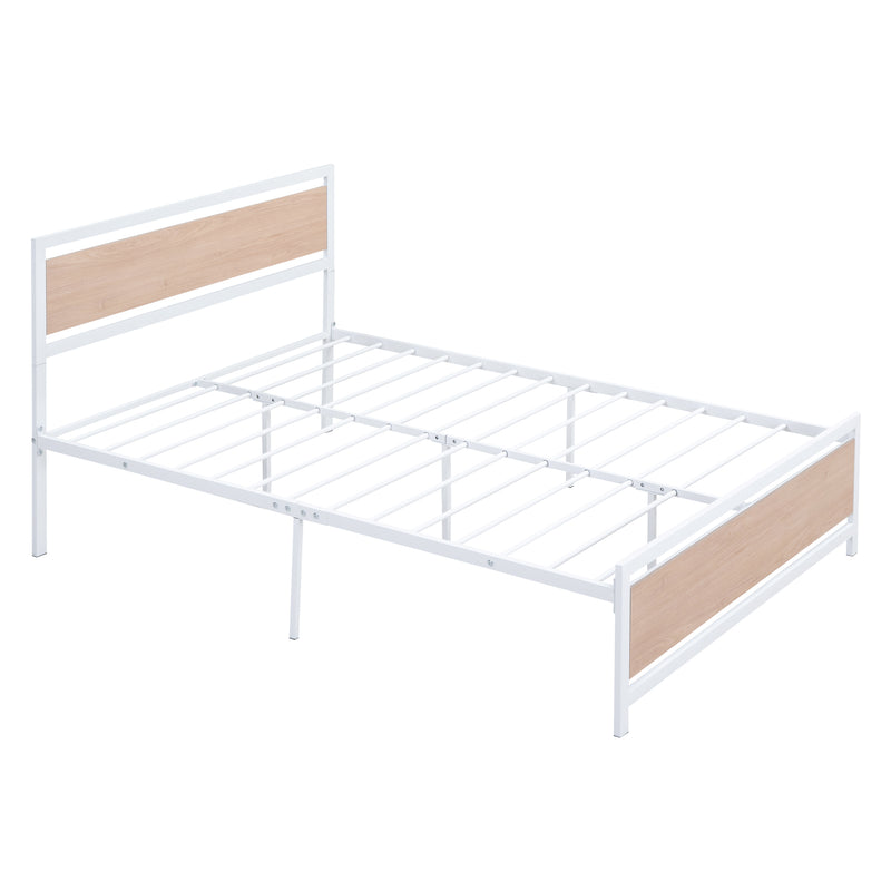Full Size Platform Bed, Metal and Wood Bed Frame with Headboard and Footboard , White
