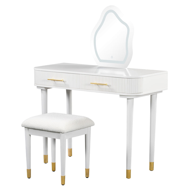 Modern Vanity Table Set With Mirror Touch Screen Lighted Mirror, Dressing Table And Cushioned Stool Set With 2 Large Drawers - White