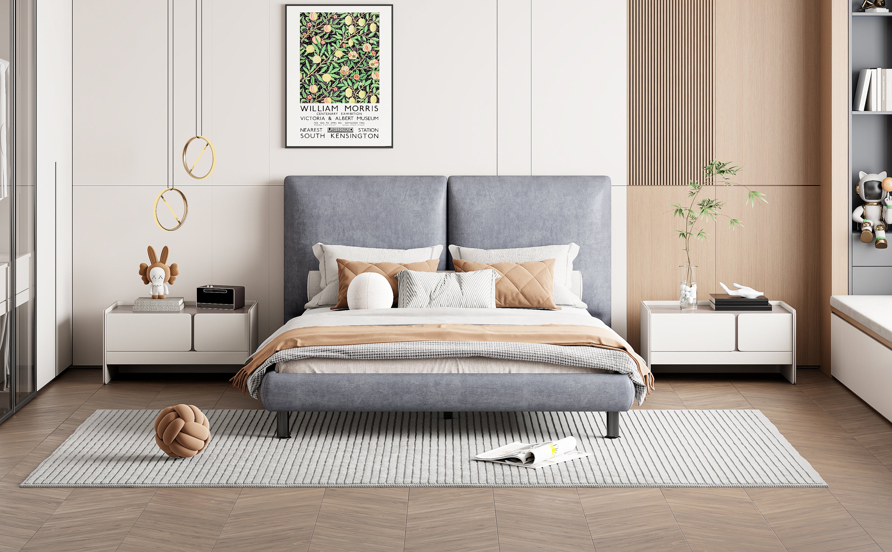 Queen Size Upholstered Platform Bed with Two Large Headrests and Thick Fabric, Polyester, Gray - Atlantic Fine Furniture Melbourne FL