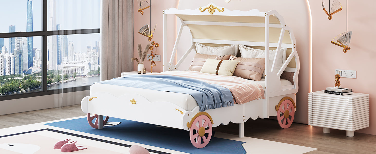 Full Size Princess Carriage Bed with Canopy, Wood Platform Car Bed with 3D Carving Pattern, White+Pink+Gold - Atlantic Fine Furniture Melbourne FL