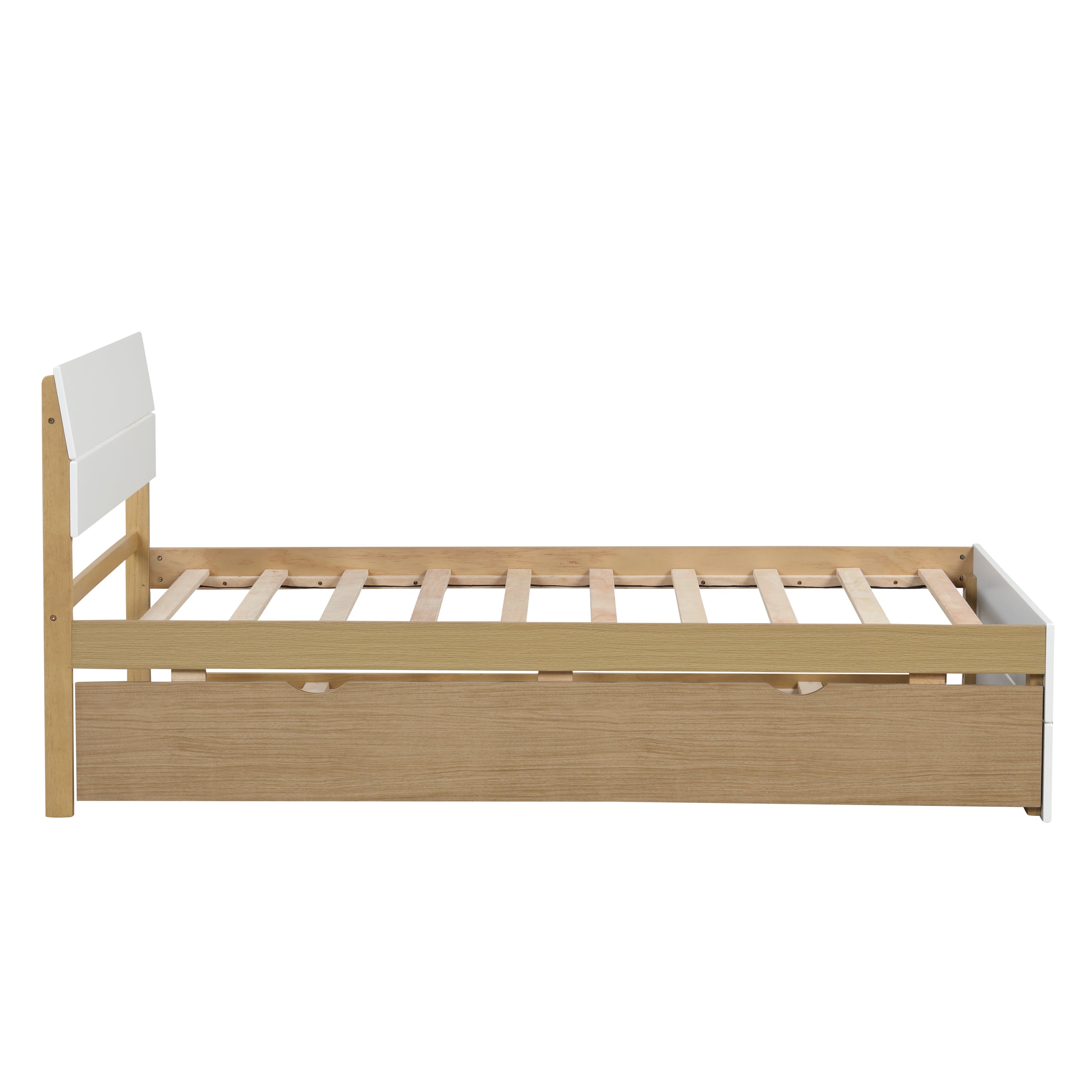 Modern Twin Bed Frame With Trundle For White High Gloss Headboard and Footboard With Light Oak Color - Atlantic Fine Furniture Melbourne FL