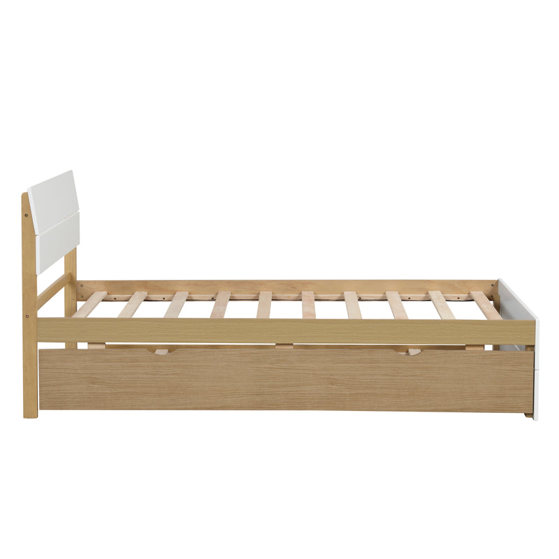 Modern Twin Bed Frame With Trundle For White High Gloss Headboard and Footboard With Light Oak Color
