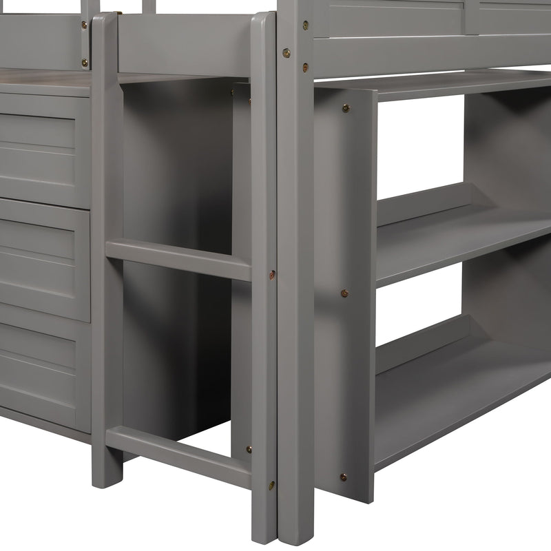 Loft Low Bed With Cabinets, Shelves And Slide