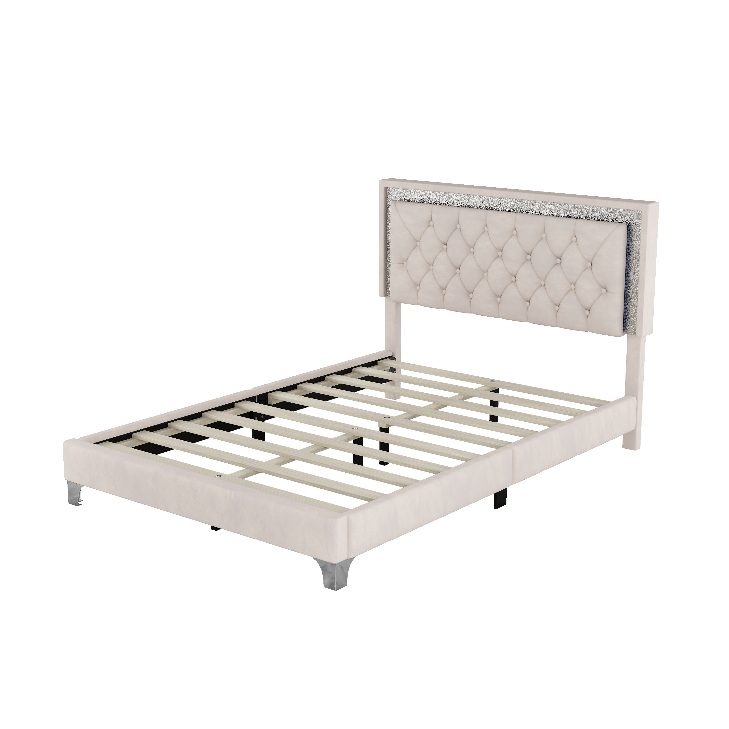 Full Size Upholstered Bed Frame with LED Lights,Modern Velvet Platform Bed with Tufted Headboard,Beige - Atlantic Fine Furniture Melbourne FL