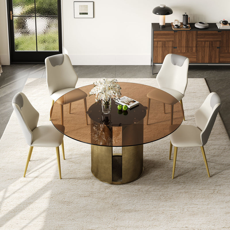 Modern Round Dining Table Set With Glass Top And Steel Legs