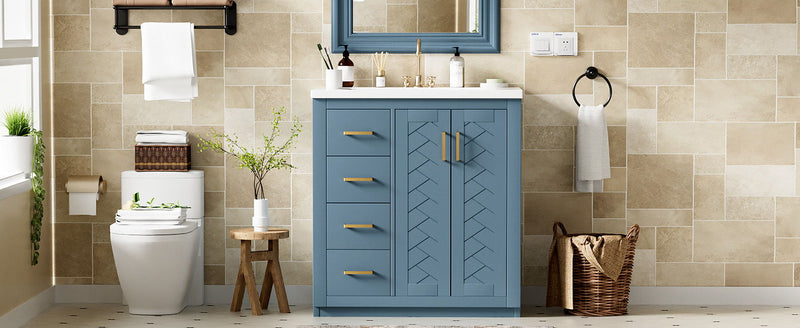 Ceramic Sink Combo, Freestanding Vanity Set With 3 Drawers & Soft Closing Doors