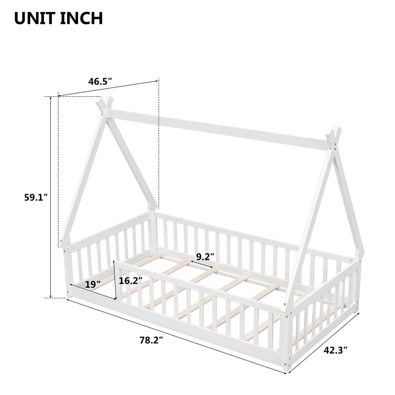 Twin Tent-shaped Floor Bed, Teepee Bed with Guardrails, Slats,White