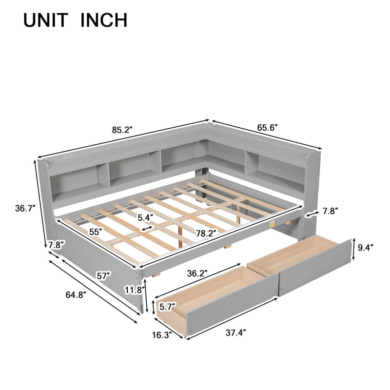 Full Bed With L-Shaped Bookcases, Drawers