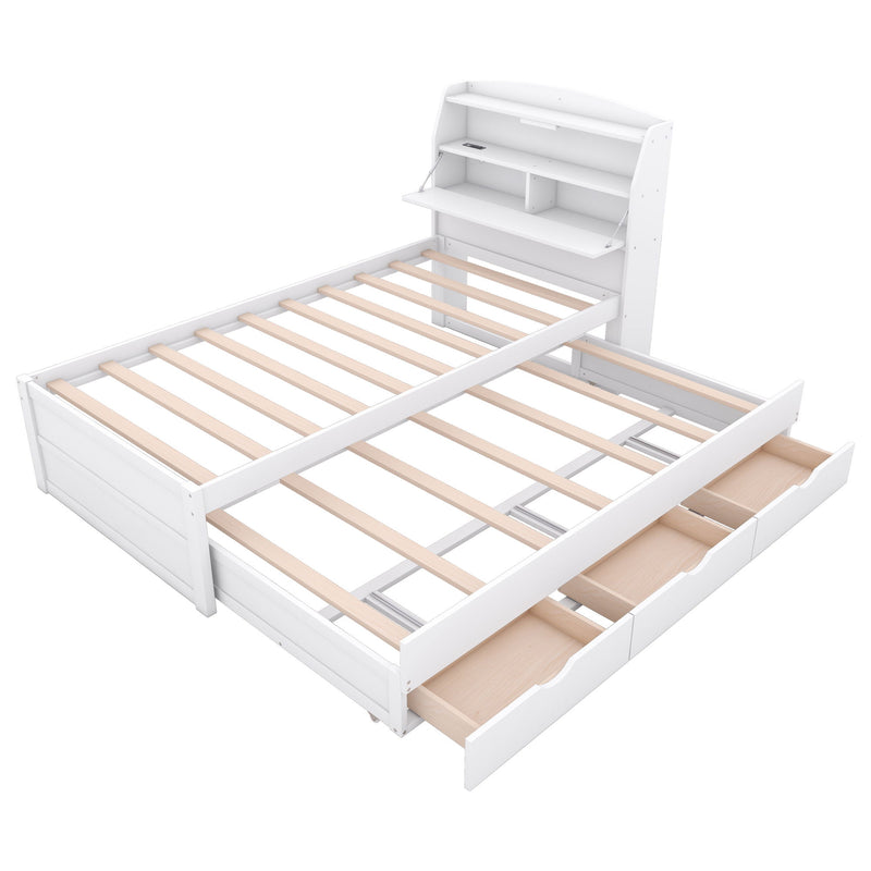 Wooden LED Platform Bed With Trundle, With Storage Headboard, With Drawers