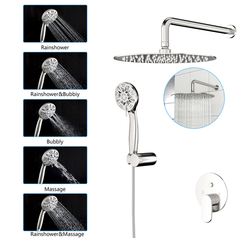 Dual Shower Head System With Rain Shower And Handheld, Wall Mounted, 10" Round Design - Brushed Nickel