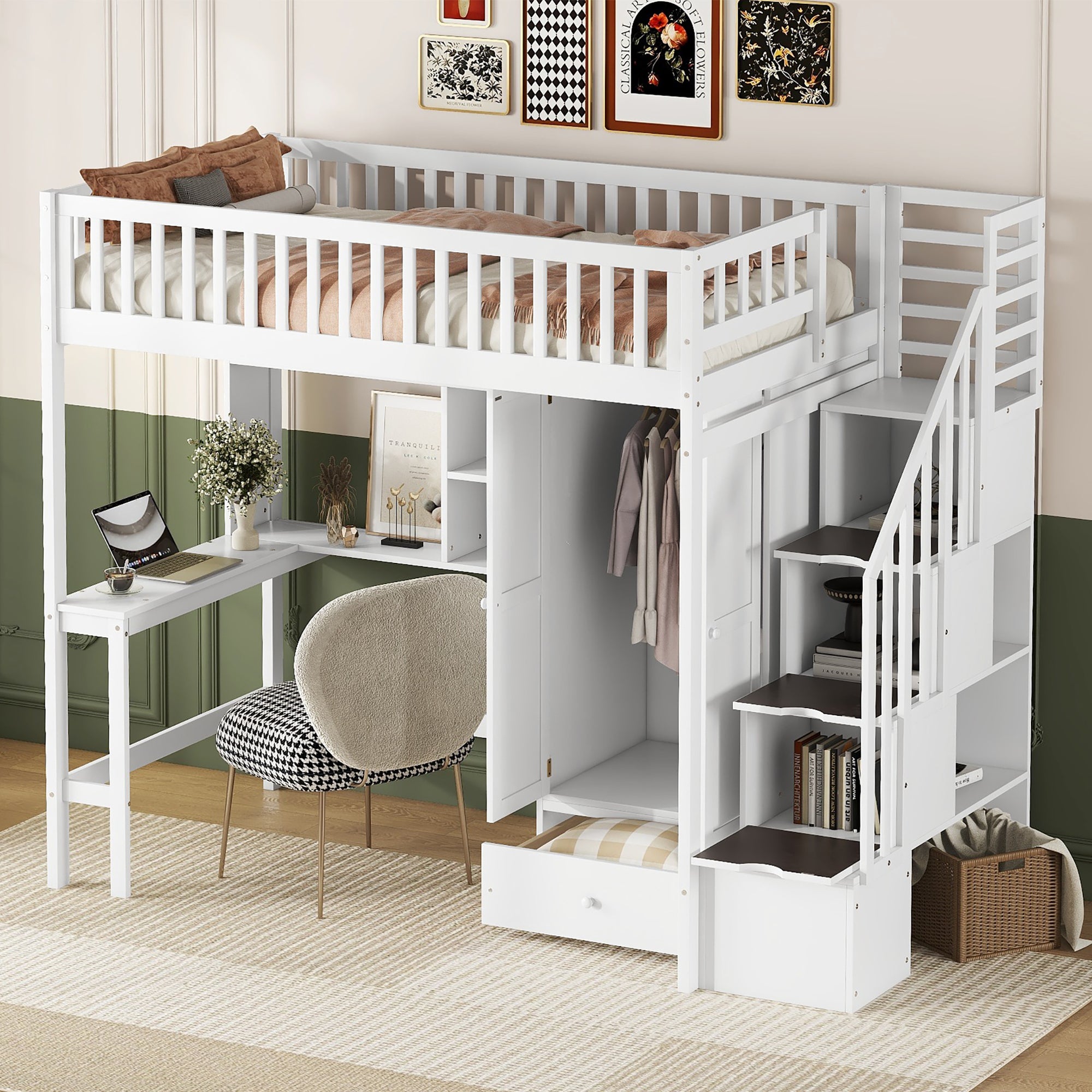 Twin size Loft Bed with Bookshelf,Drawers,Desk,and Wardrobe-White - Atlantic Fine Furniture Melbourne FL