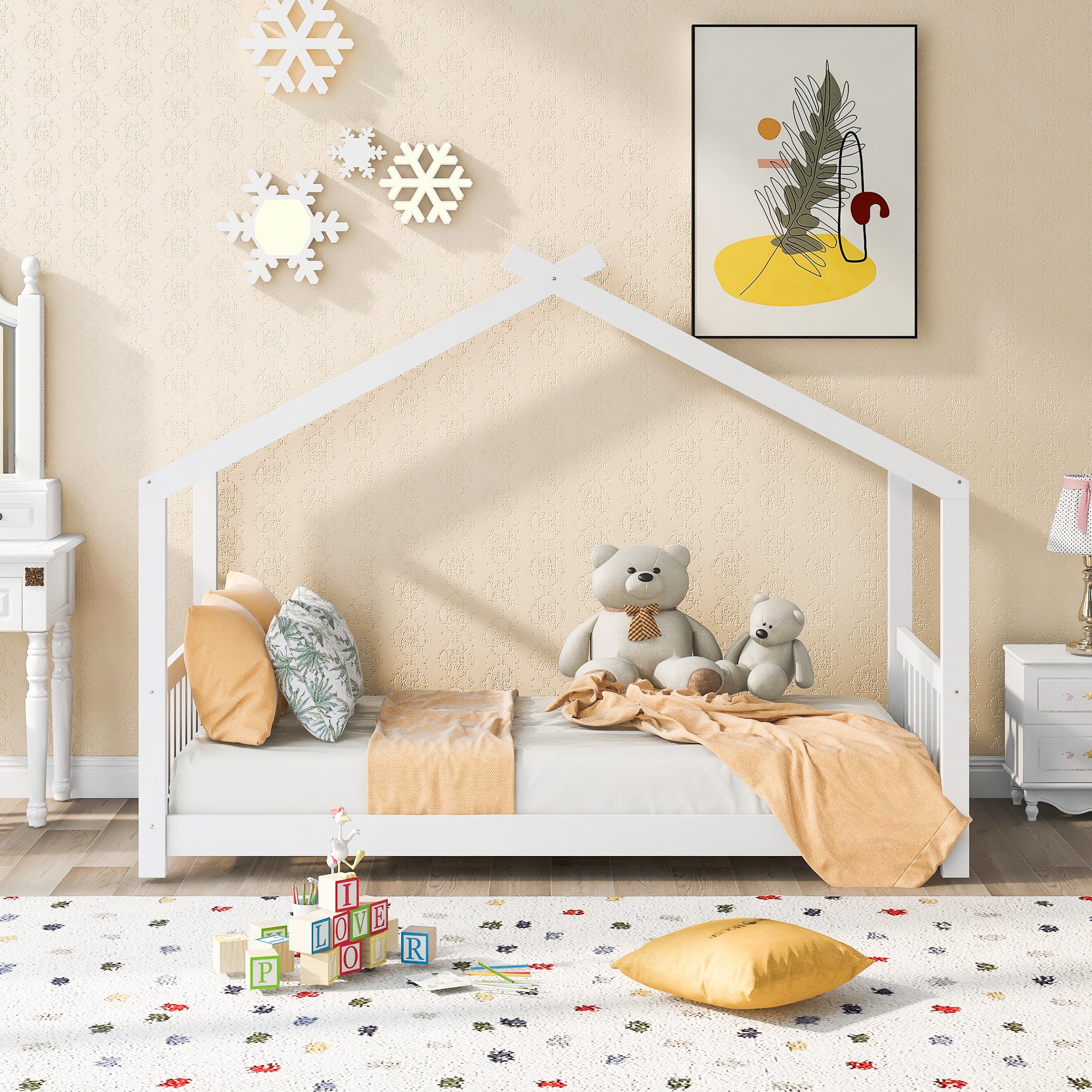 Twin Size House Platform Bed with Headboard and Footboard,Roof Design,White - Atlantic Fine Furniture Melbourne FL