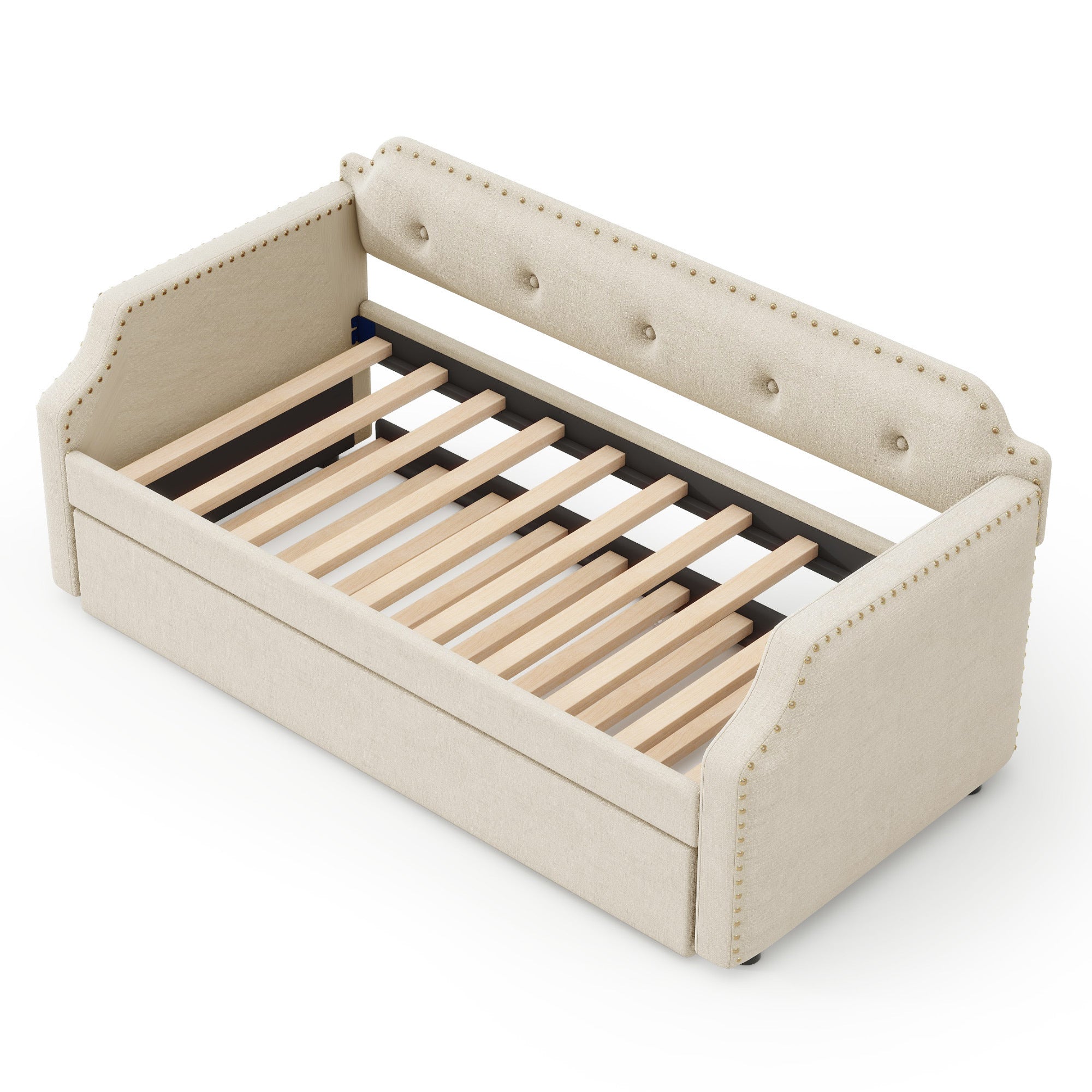Upholstered Daybed with Trundle, Wood Slat Support,Upholstered Frame Sofa Bed, Twin, Beige - Atlantic Fine Furniture Melbourne FL