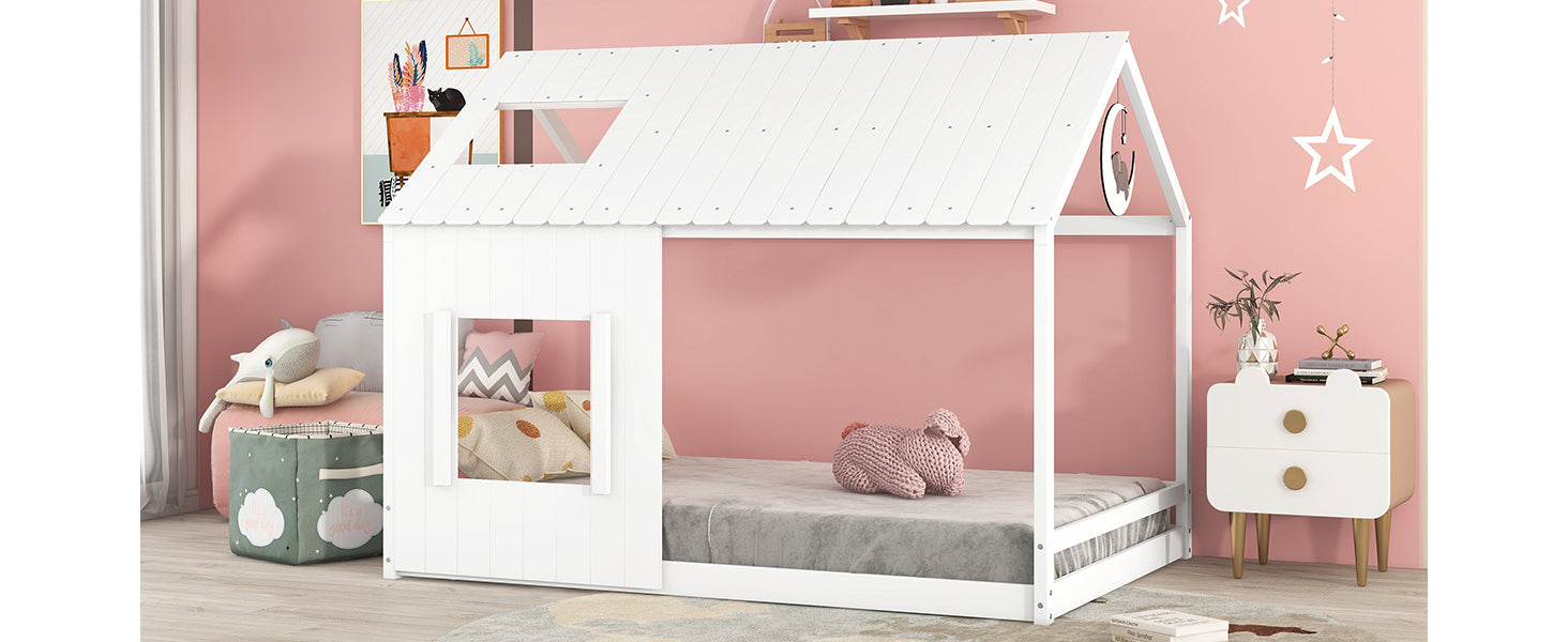 Full Size House Bed with Roof and Window - White