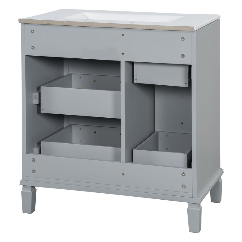 Bathroom Vanity With Ceramic Sink, Flip Out Drawer Design For Plumbing, Soft Close Drawers