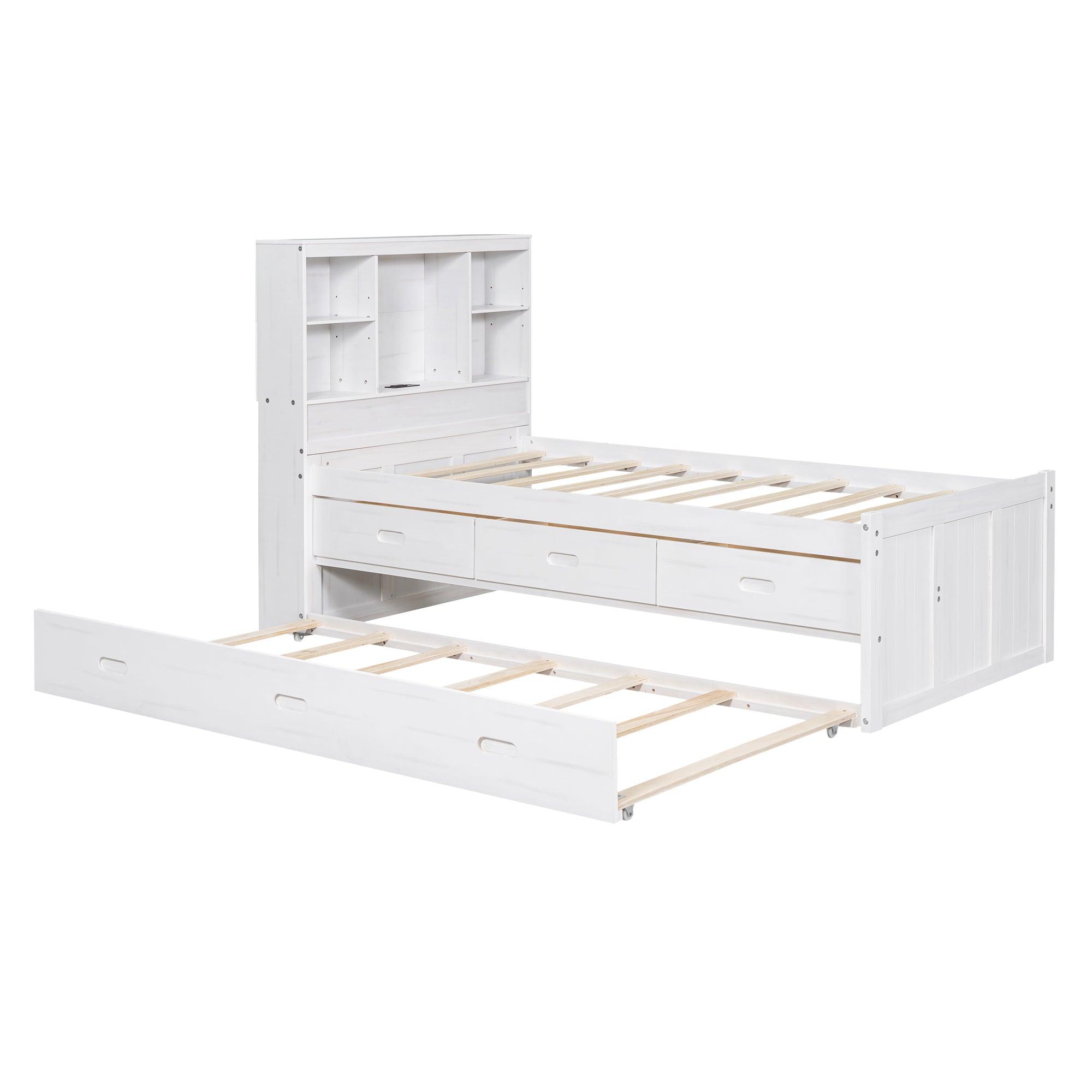 Twin Size Platform Bed with Storage Headboard, Charging Station, Twin Size Trundle and 3 Drawers, Antique White - Atlantic Fine Furniture Melbourne FL