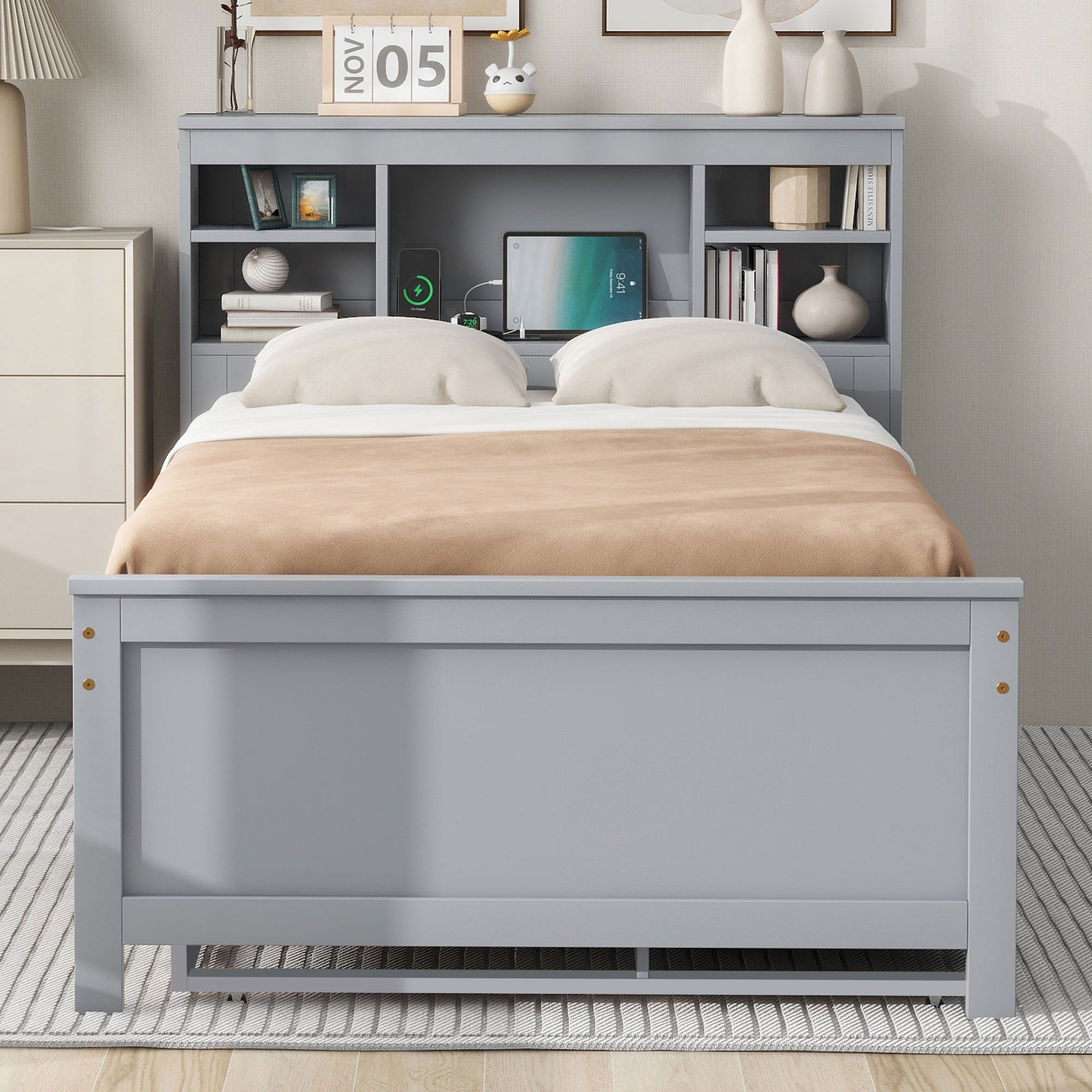 Twin Size Platform Bed with Storage Headboard, USB, Twin Size Trundle and 3 Drawers, Gray - Atlantic Fine Furniture Melbourne FL