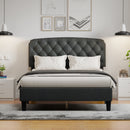 Full size Adjustable Headboard with Fine Linen Upholstery and Button Tufting for Bedroom,  Wave Top  dark Gray