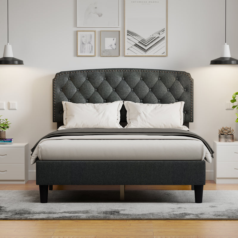 Full size Adjustable Headboard with Fine Linen Upholstery and Button Tufting for Bedroom,  Wave Top  dark Gray
