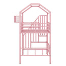 Metal Loft Bed with roof design and a storage box, Twin, Pink