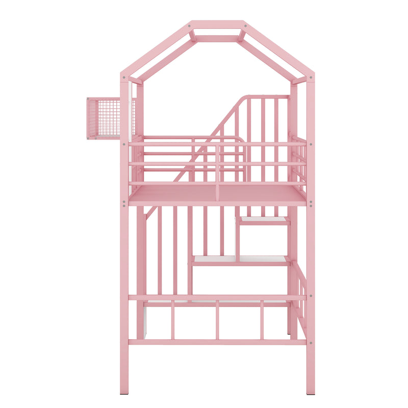 Metal Loft Bed with roof design and a storage box, Twin, Pink