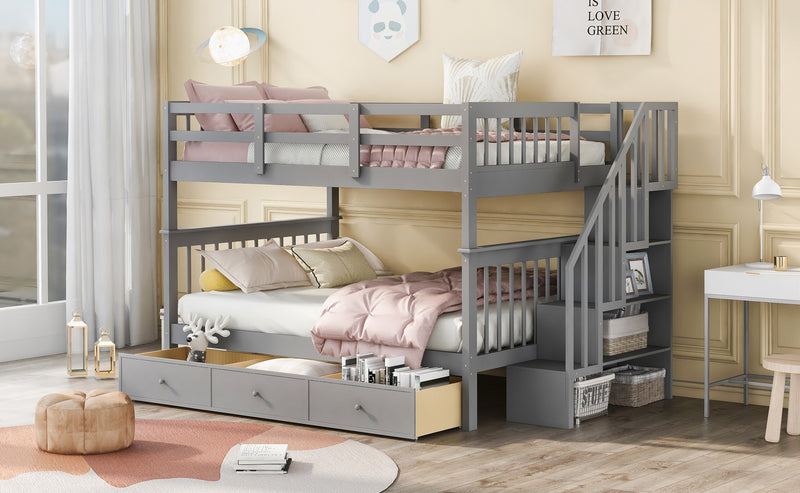 Stairway Full-Over-Full Bunk Bed with Drawer, Storage and Guard Rail for Bedroom, Gray color( old sku: LP000310AAE )