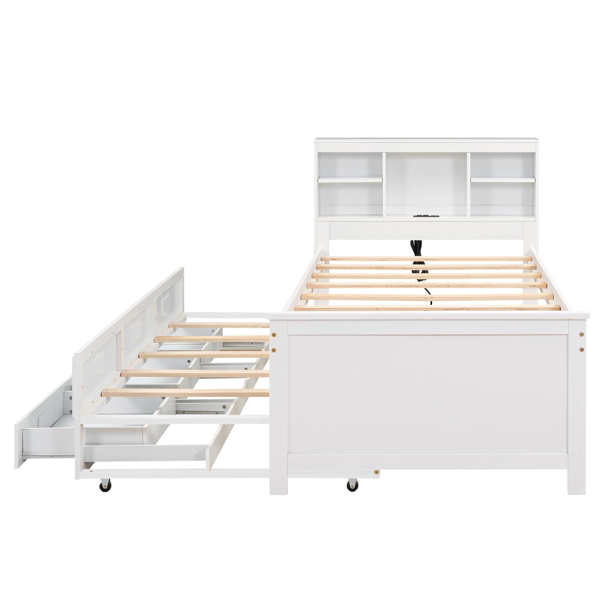 Twin Size Platform Bed with Storage Headboard, USB, Twin Size Trundle and 3 Drawers, White - Atlantic Fine Furniture Melbourne FL