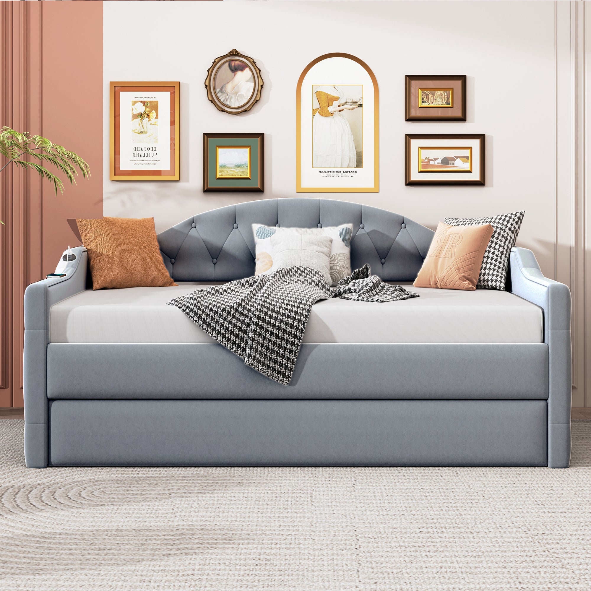 Twin Size Tufted Upholstered Daybed with Trundle ,Velvet Sofabed with USB&Type-C Charging Ports,No Box-spring Needed, Gray - Atlantic Fine Furniture Melbourne FL