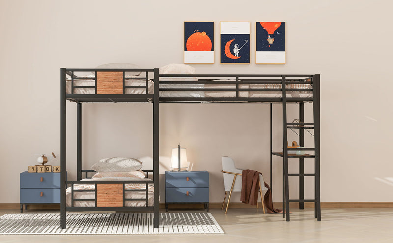 L-Shaped Twin Over Twin Bunk Bed With Twin Size Loft Bed With Desk And Shelf - Brown