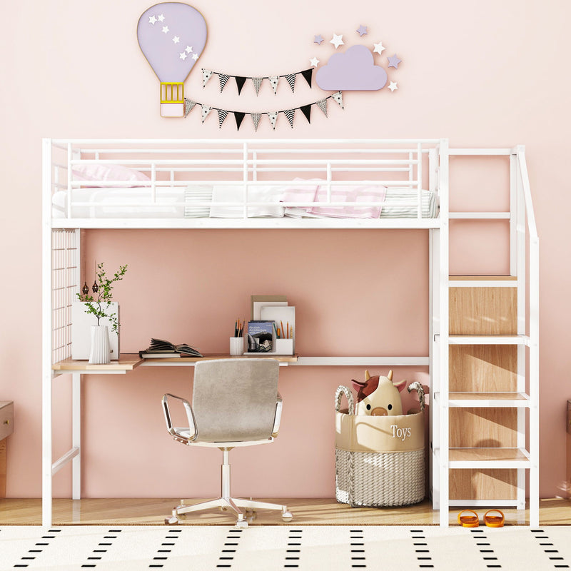 Loft Bed With Desk And Grid, Stylish Frame With Lateral Storage Ladder And Wardrobe