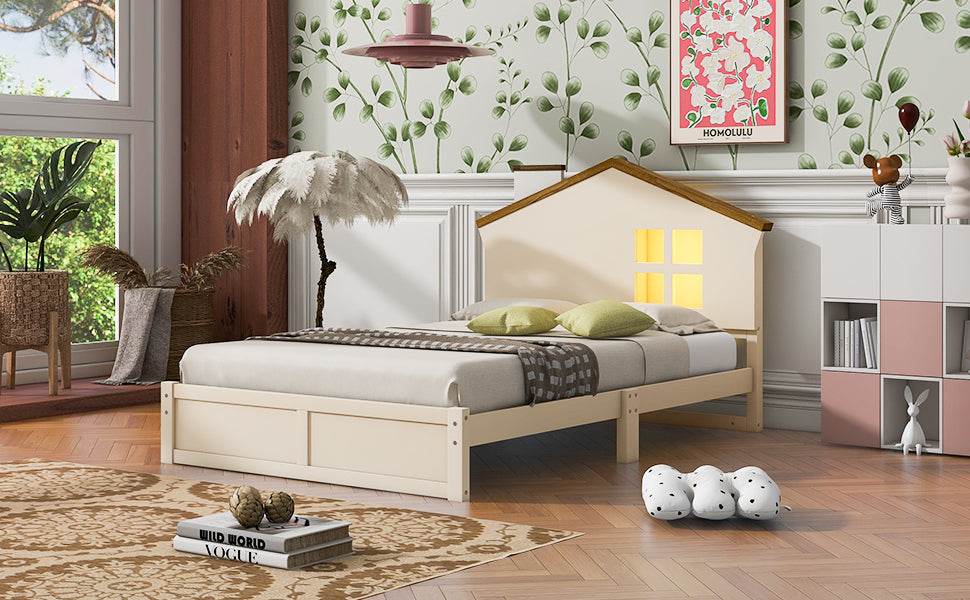Twin Size Wood Platform Bed with House-shaped Headboard and Built-in LED, Walnut+Milk White - Atlantic Fine Furniture Melbourne FL