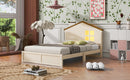 Twin Size Wood Platform Bed with House-shaped Headboard and Built-in LED, Walnut+Milk White
