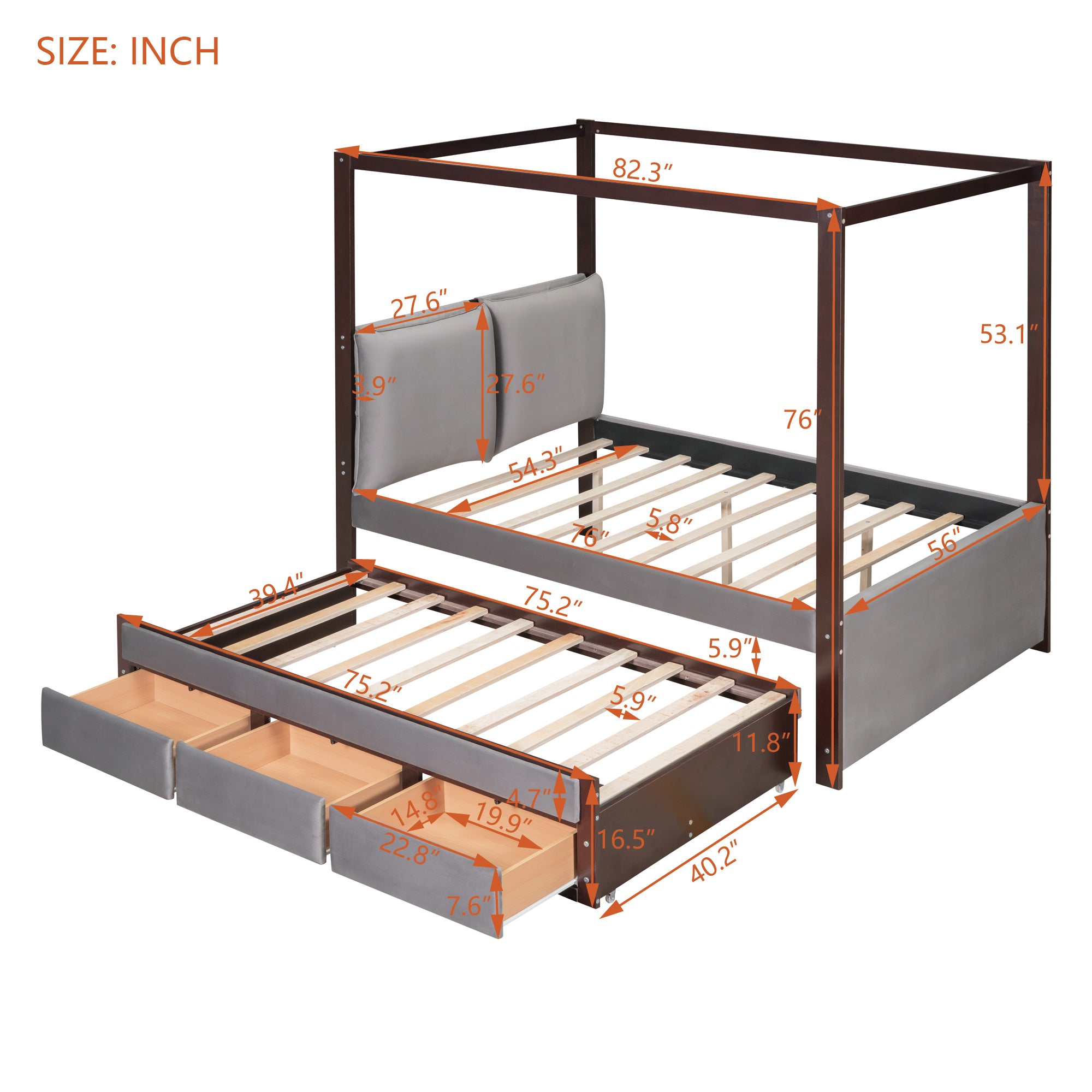 Full Size Upholstered  Canopy Bed with Trundle and 3 Drawers, Gray - Atlantic Fine Furniture Melbourne FL