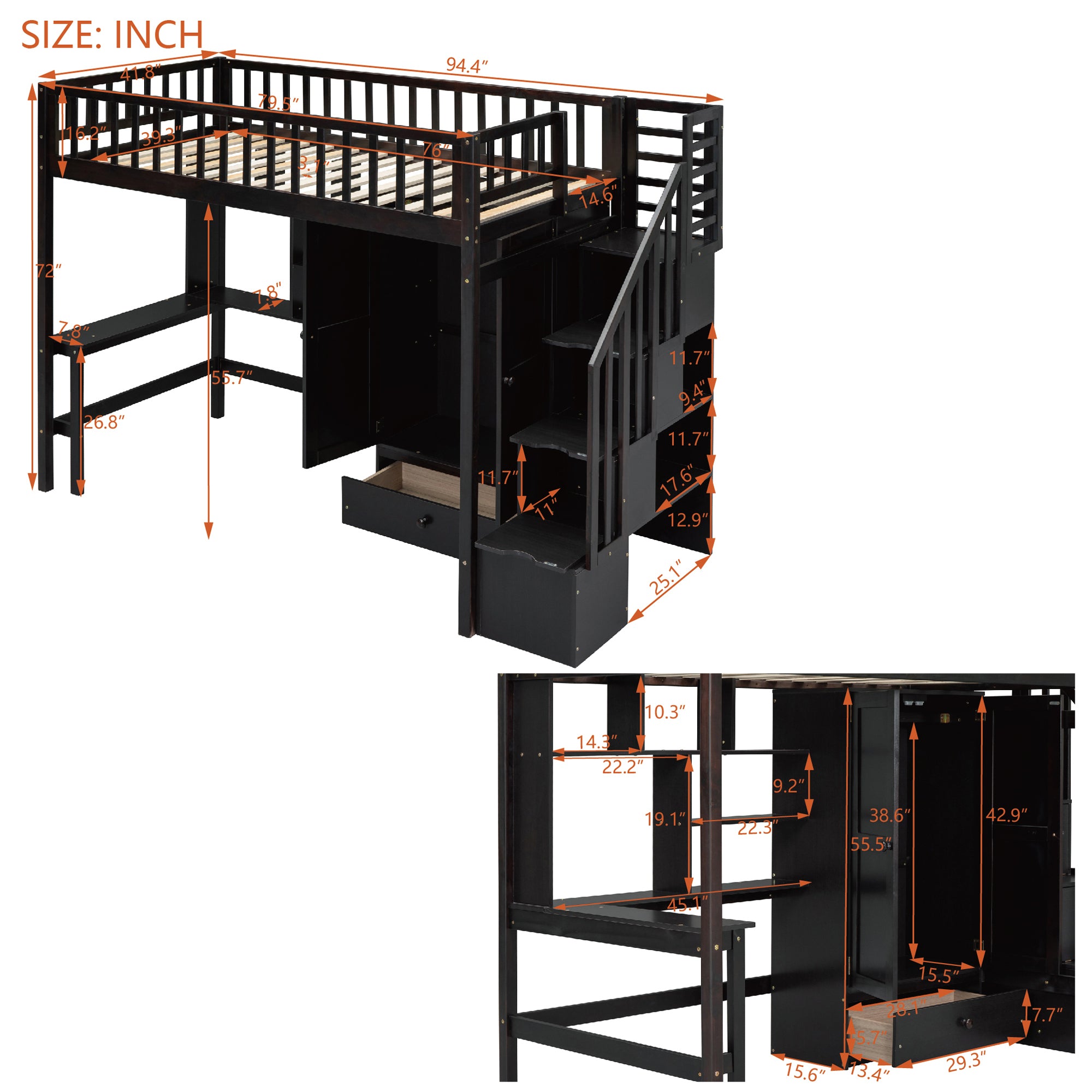 Twin size Loft Bed with Bookshelf,Drawers,Desk,and Wardrobe-Espresso - Atlantic Fine Furniture Melbourne FL