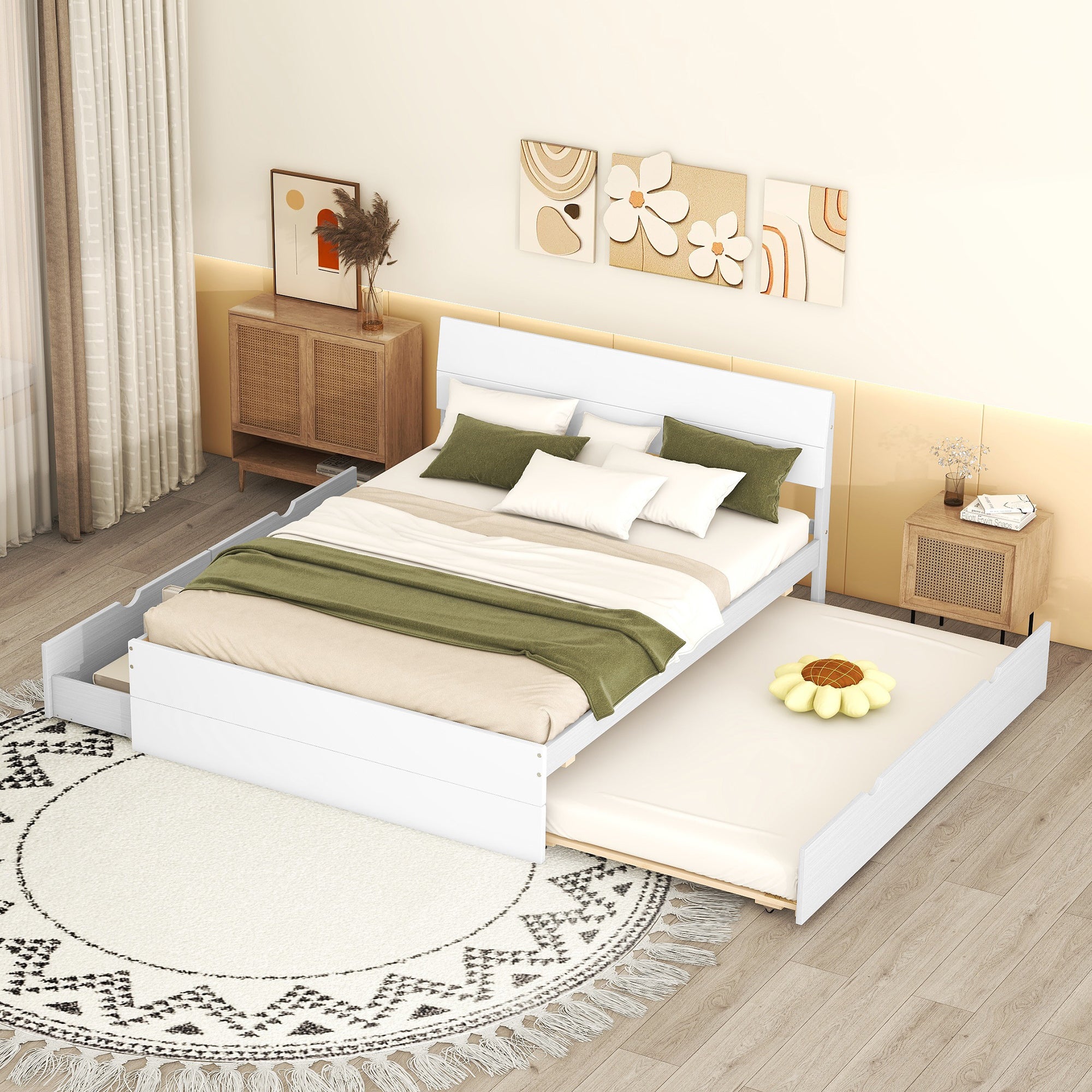 Modern Full Bed Frame With Twin Size Trundle And 2 Drawers For White High Gloss and Washed White Color