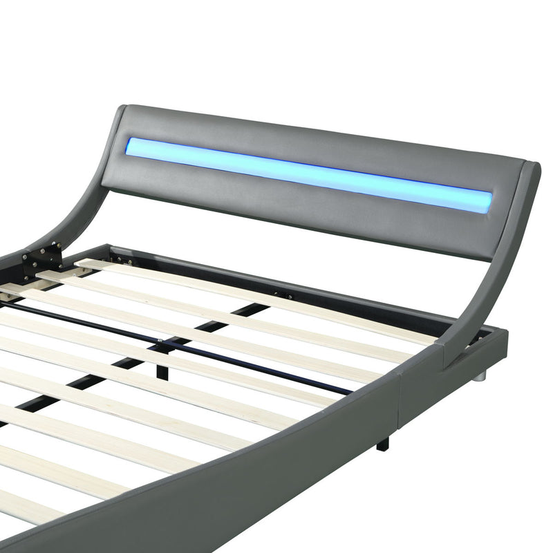 Queen Size Upholstered Platform Bed Frame With LED Lighting, Curve Design, Wood Slat Support, No Box Spring Needed - Gray