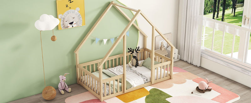 Wood House-Shaped Floor Bed With Fence, Guardrails