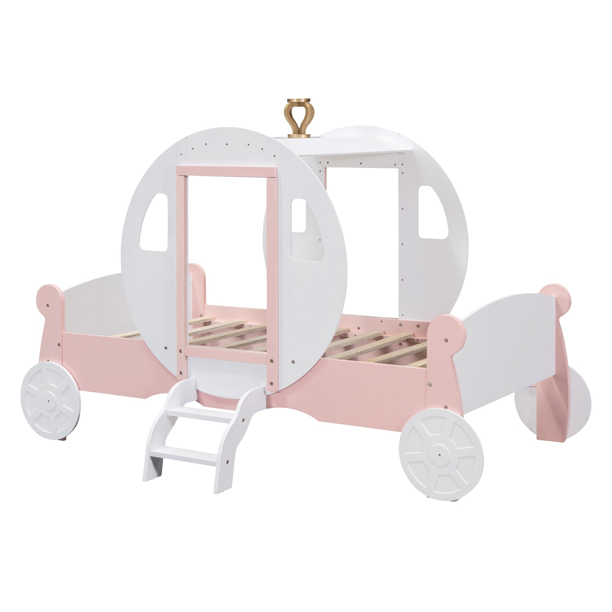 Twin size Princess Carriage Bed with Crown ,Wood Platform Car Bed with Stair,White+Pink - Atlantic Fine Furniture Melbourne FL