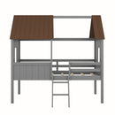 Twin Size Low Loft House Bed With Two Side Windows - Gray / Brown