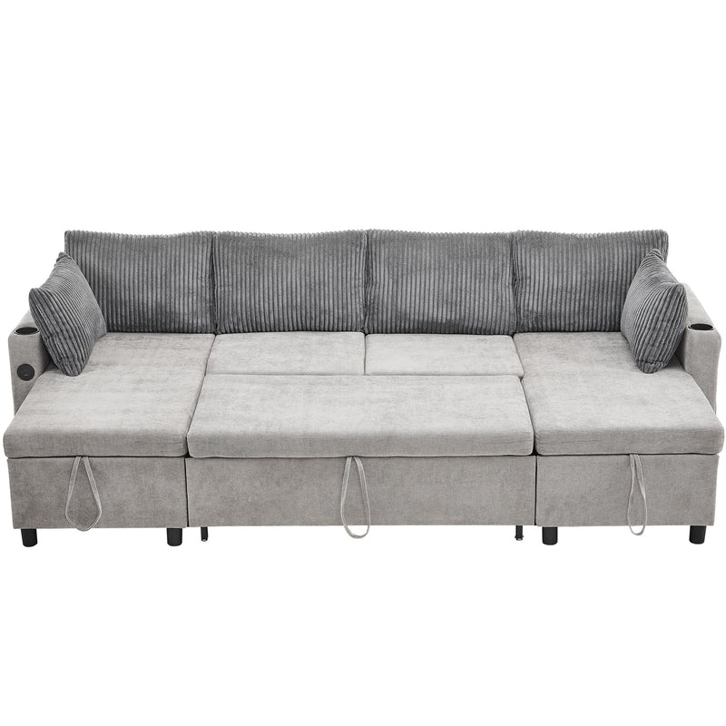 Sectional Sofa Bed With Pull Out Sleeper, USB Ports, Cup Holders