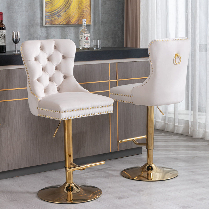 Thick Golden Swivel Velvet Barstools Adjusatble Seat Height From 25-33", Modern Upholstered Bar Stools With Backs Comfortable Tufted For Home Pub And Kitchen Island (Set of 2)