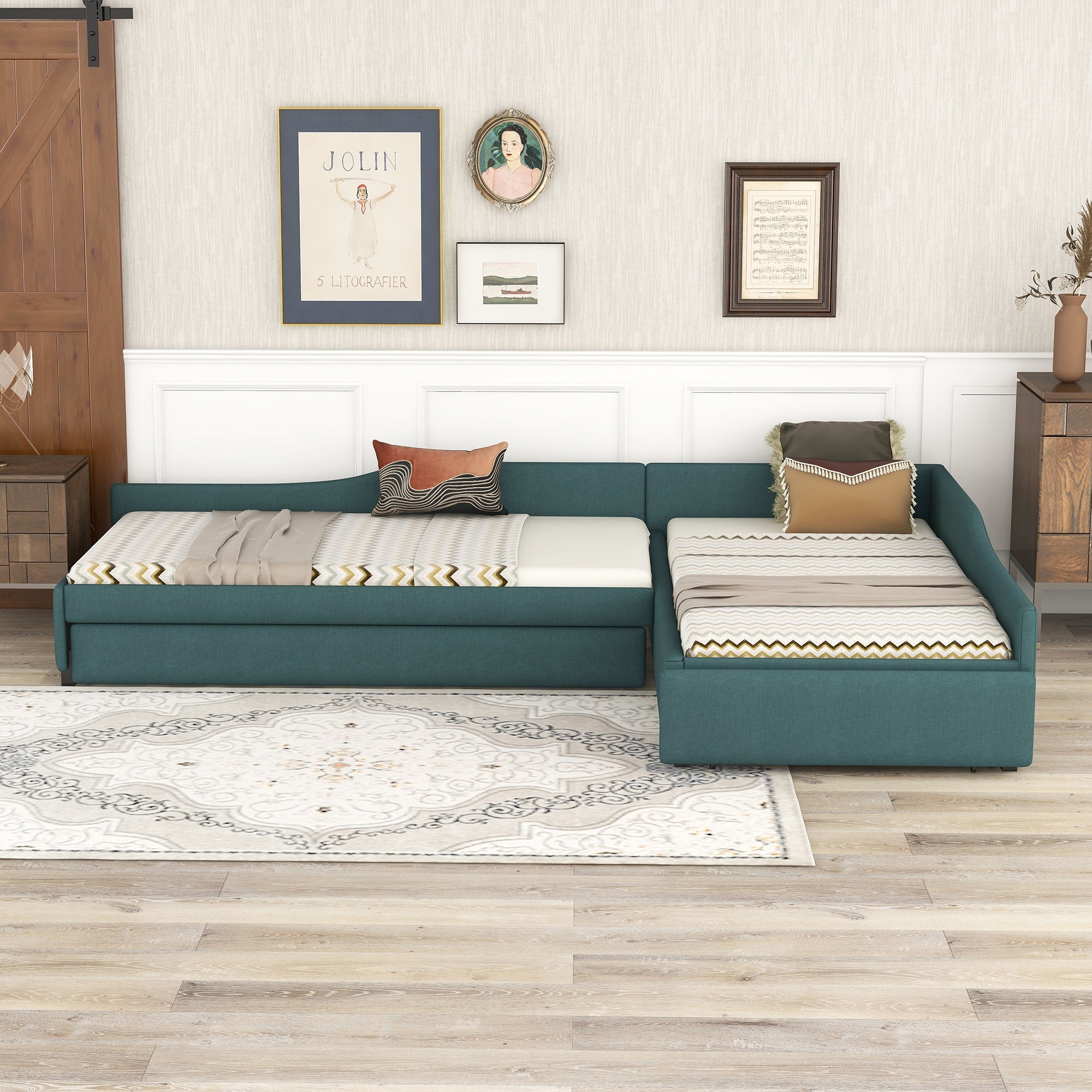 Upholstered Double Twin Size Daybed with Trundle and Drawer, Green - Atlantic Fine Furniture Melbourne FL