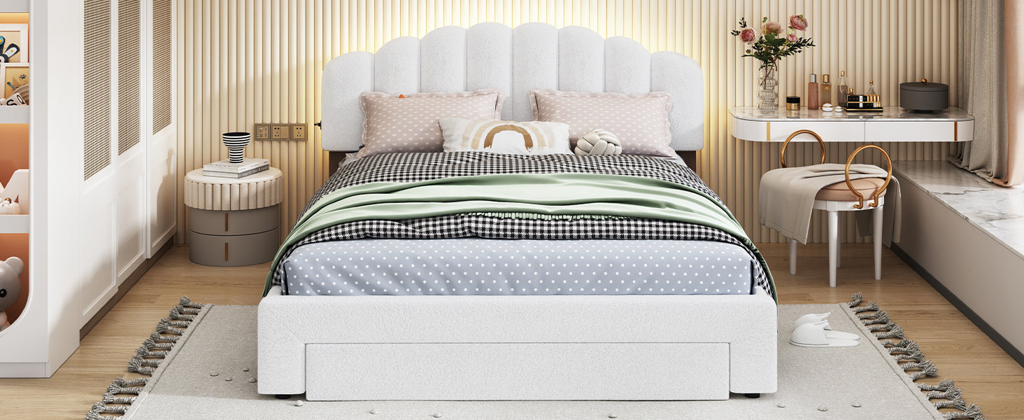 Teddy Fleece Queen Size Upholstered Platform Bed with Drawer, White - Atlantic Fine Furniture Melbourne FL
