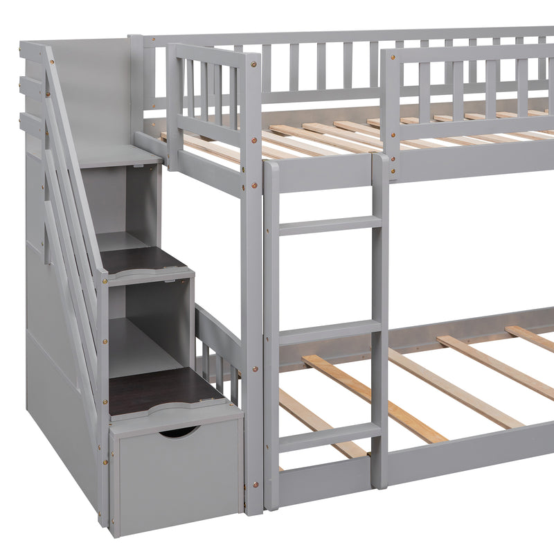 Stairway Twin over Twin Bunk Bed with Two Drawers and Slide, Gray(OLD SKU :LT000155AAE)