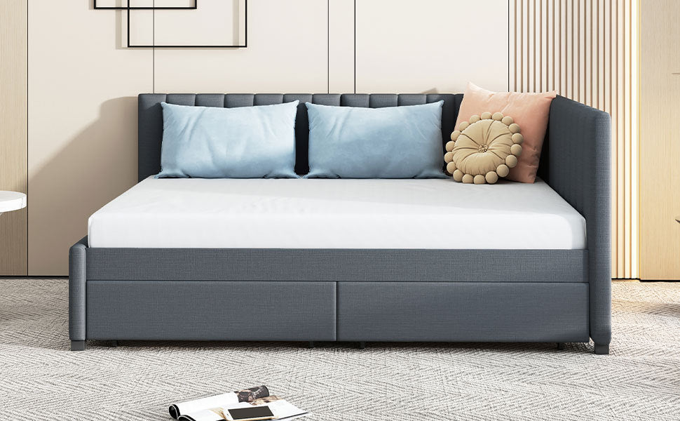 Full Size Upholstered Daybed with 2 Storage Drawers Sofa Bed Frame No Box Spring Needed, Linen Fabric (Gray) - Atlantic Fine Furniture Melbourne FL